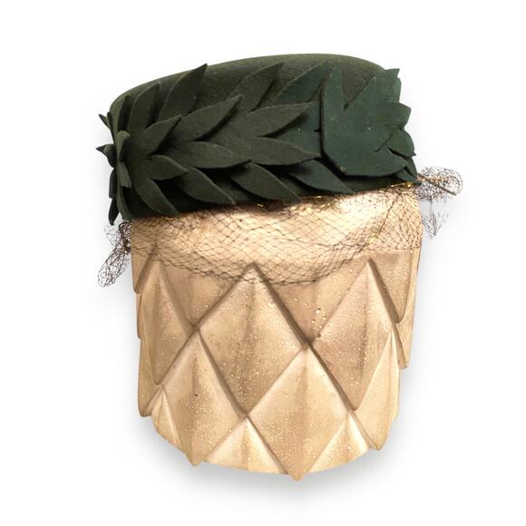 Vintage Wool Pill Box Hat with Veil Sz OS Forest Green Leaf Accents 1950s Twee - Picture 2 of 11